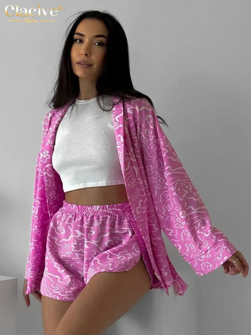 Clacive Fashion Loose Print Shorts Sets For Women 2 Pieces 2025 Elegant Long Sleeve Robes With High Waist Shorts Set Female