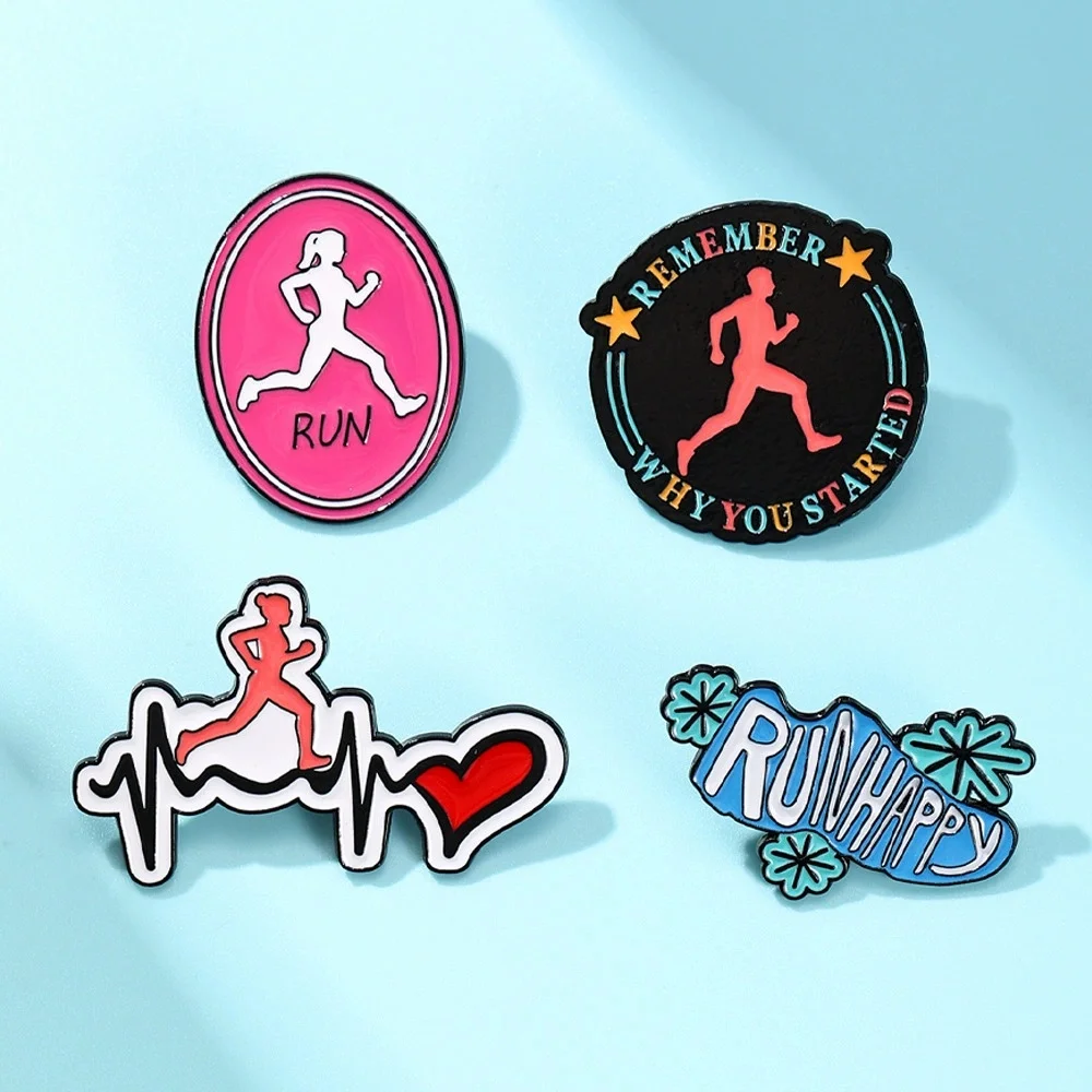 Cartoon Running Sports Brooch Lapel Pin ECG Health Marathon Metal Badge Punk Clothing Badge Accessories Jewelry Friends Gifts