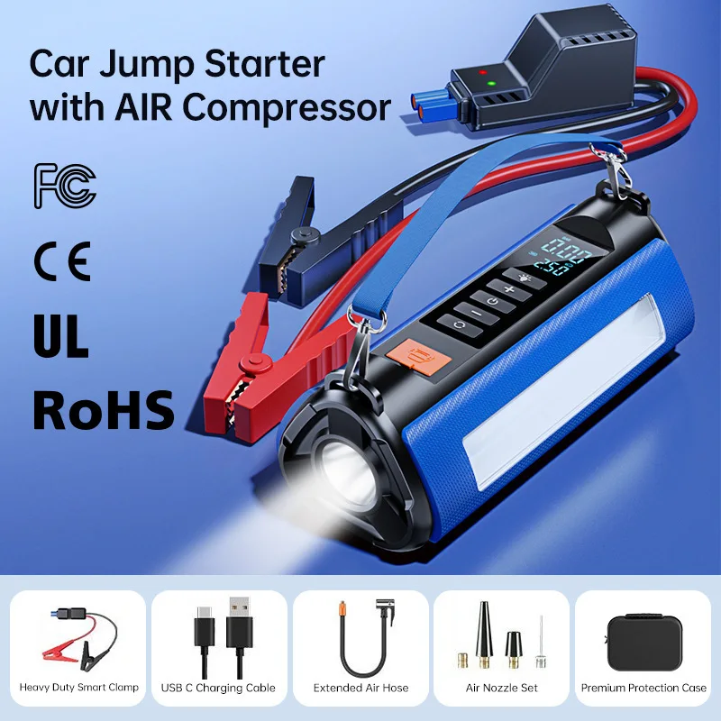 

12000 mAh Portable Car Battery Starter&Air Pump 12V Booster Emergency Jump Starter Powerbank Warning Light Compressor Inflator