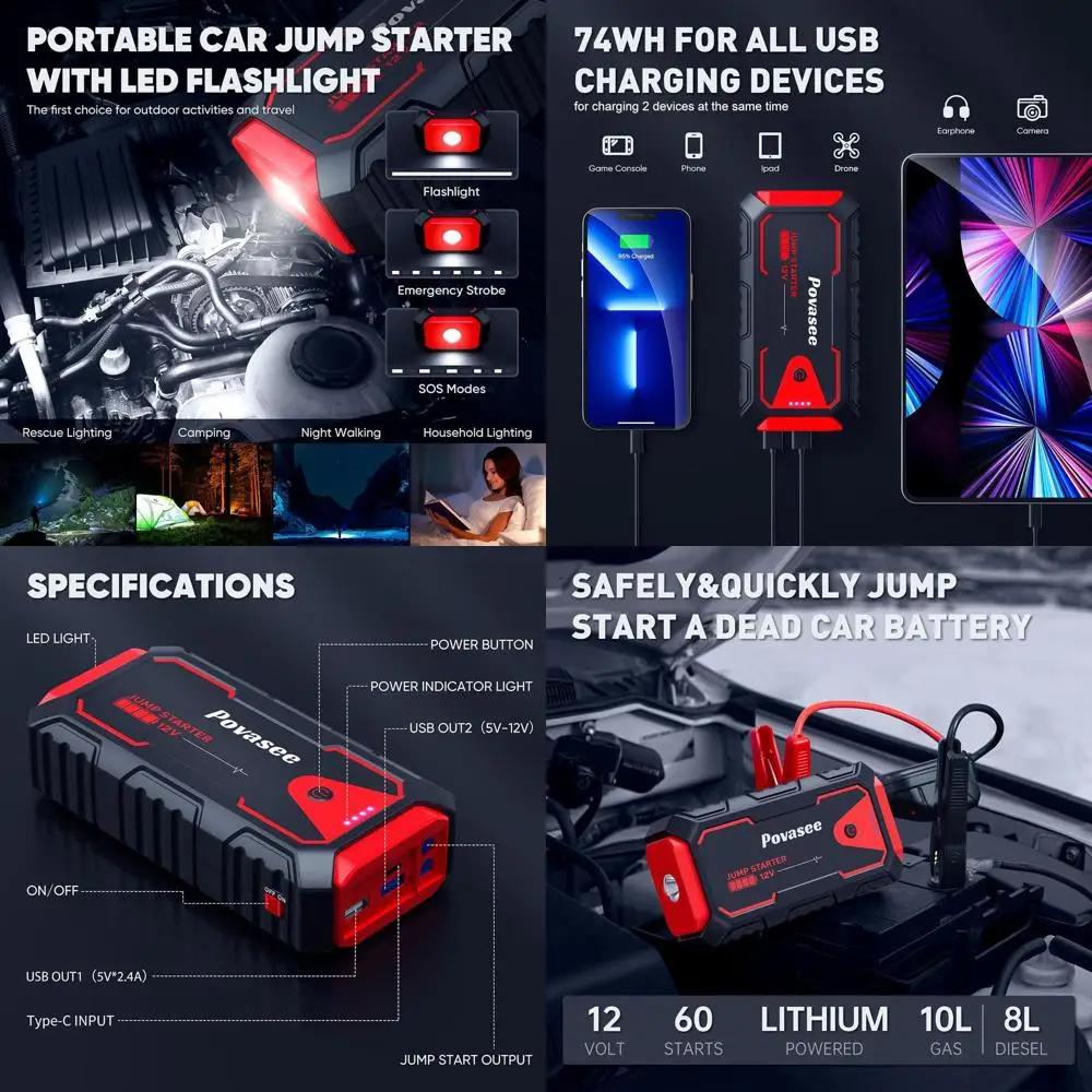 

Автомобильный стартер 5000А, перемычка модели A30 12 В для автомобильного аккумулятора до 10-литрового газа или 8-литрового дизельного двигателя, перемычка S