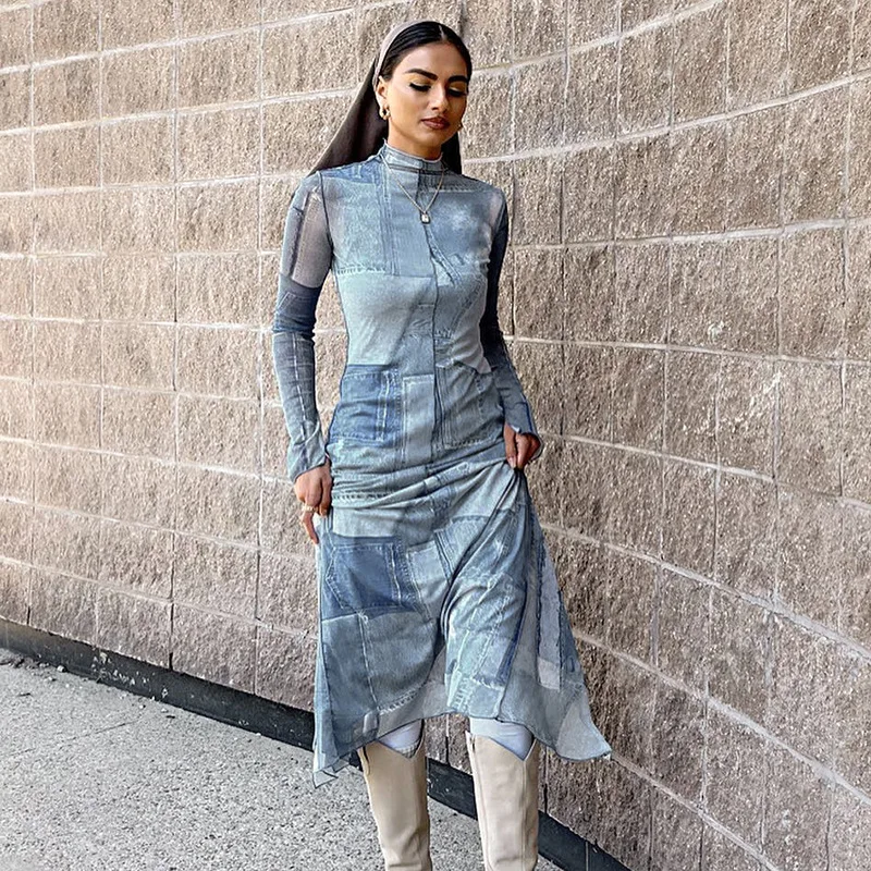 

2023 Mesh O Neck Long Flare Sleeve Print Slit Vintage Sexy Bodycon Maxi Dress Fall Winter Women Casual Streetwear Party