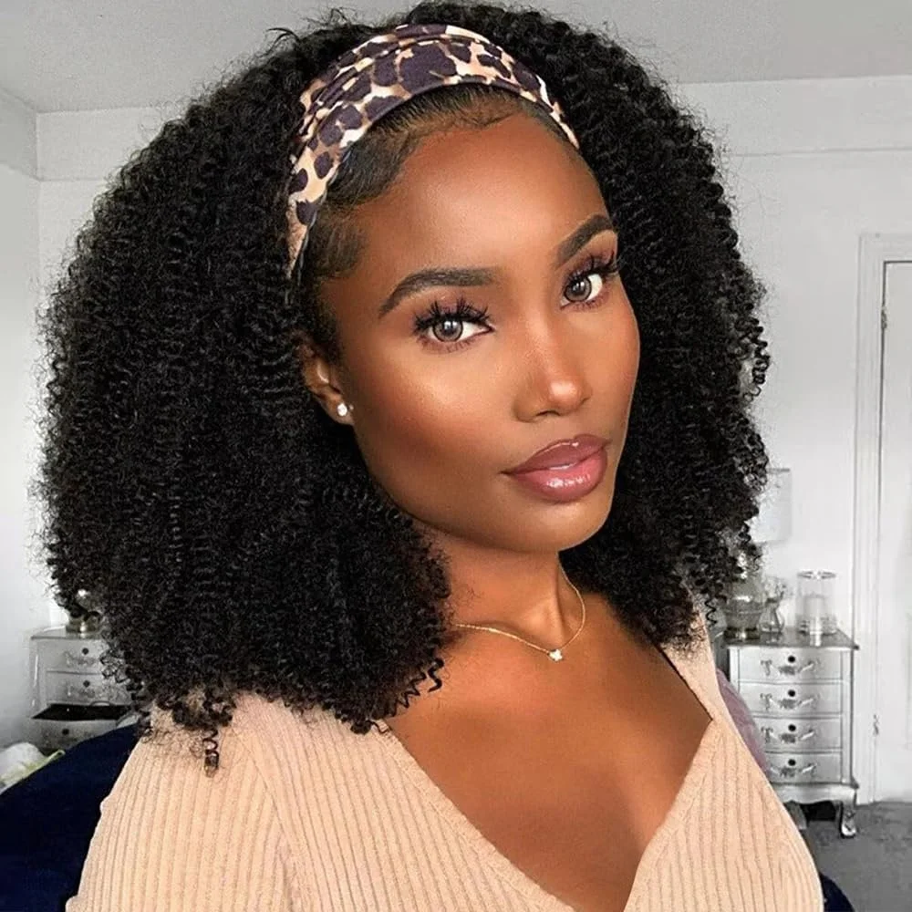 Afro Curly Headband Wig Human Hair with Natural Scalp Top Middle Part Headband Wig for Women Afro Kinky Curly Hair Glueless Wig