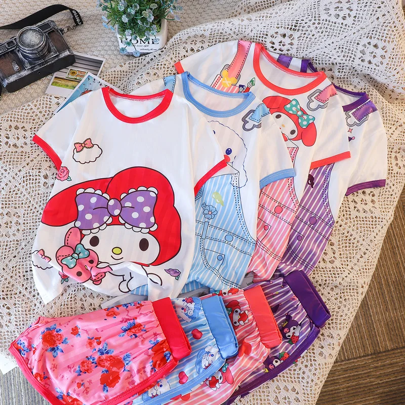 Anime Sanrios Pajamas Set Hello Kittys Kuromi Boys Girls Summer Lounge Clothes Cinnamoroll Short Sleeve Shorts Kids Sleepwear