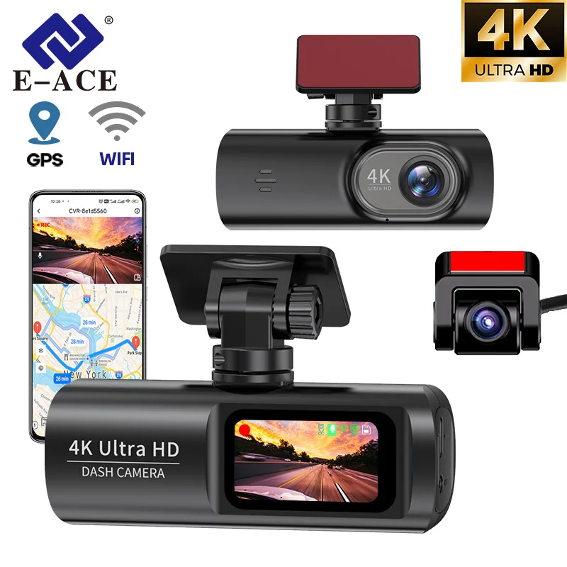 E-ACE 대시캠 4K GPS 와이파이 전면 및 후면 3 채널 차량용 DVR 대시 캠, USB 2 카메라, 비디오 녹음기, 블랙 박스, 자동차 시스템 스마트 