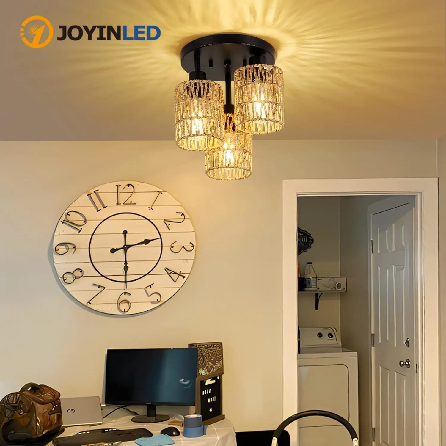 3-Lights Boho Light Fixtures Farmhouse Rattan Chandelier Hand Woven Cage Shade Semi Flush Mount Ceiling Lights for Bedroom Foyer