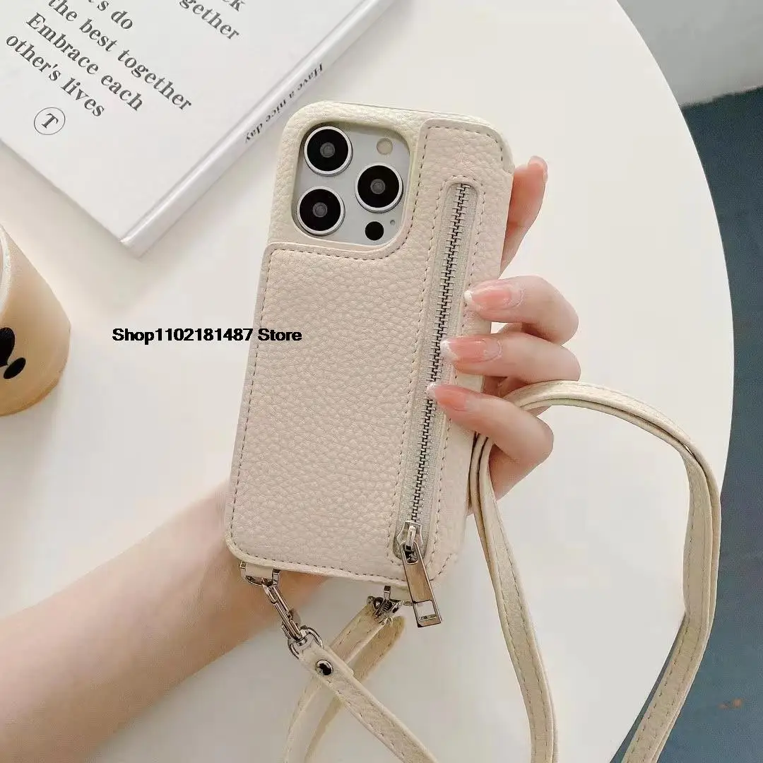 

Luxury iPhone14 Two-fold Beauty Mirror Phone Case 13Promax 12Mini Zipper Crossbody Card Holder XSMAX11Pro 8Plus Leather Cover