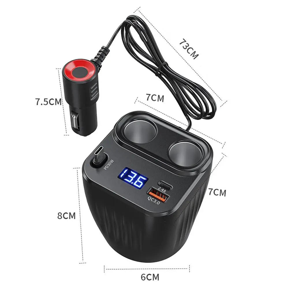 6 in 1 Cigarette Lighter Adapter Cup Holder 60W Car Charger Adapter with PD Charge Cigarette Lighter LED Voltmeter
