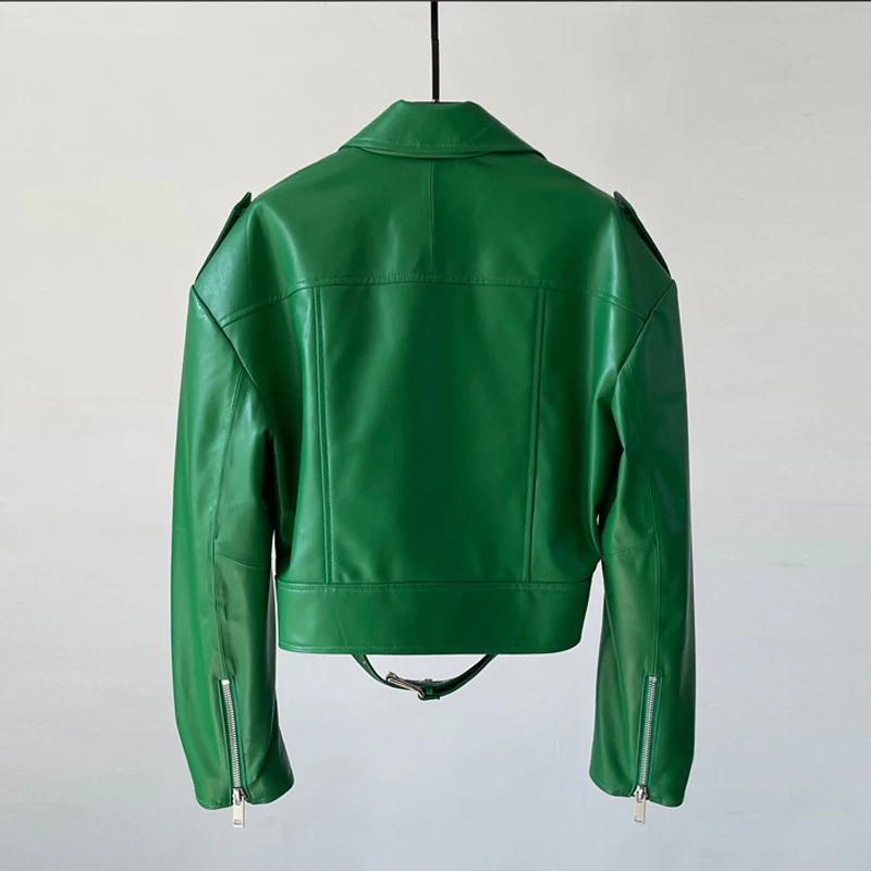Grüne Schnür-Bikerjacke aus Schaffell mit Gürtel, modisch, für High Street, Damen, diagonaler Reißverschluss, lockere kurze Echtlederjacke