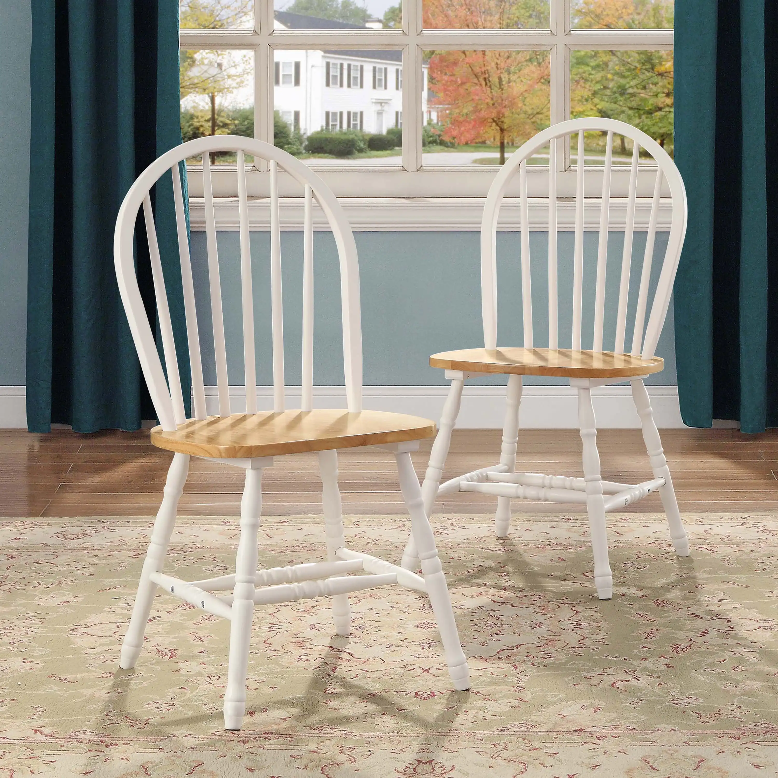 Autumn Lane Windsor Solid Wood Dining Chairs, White and Oak (Set of 2)