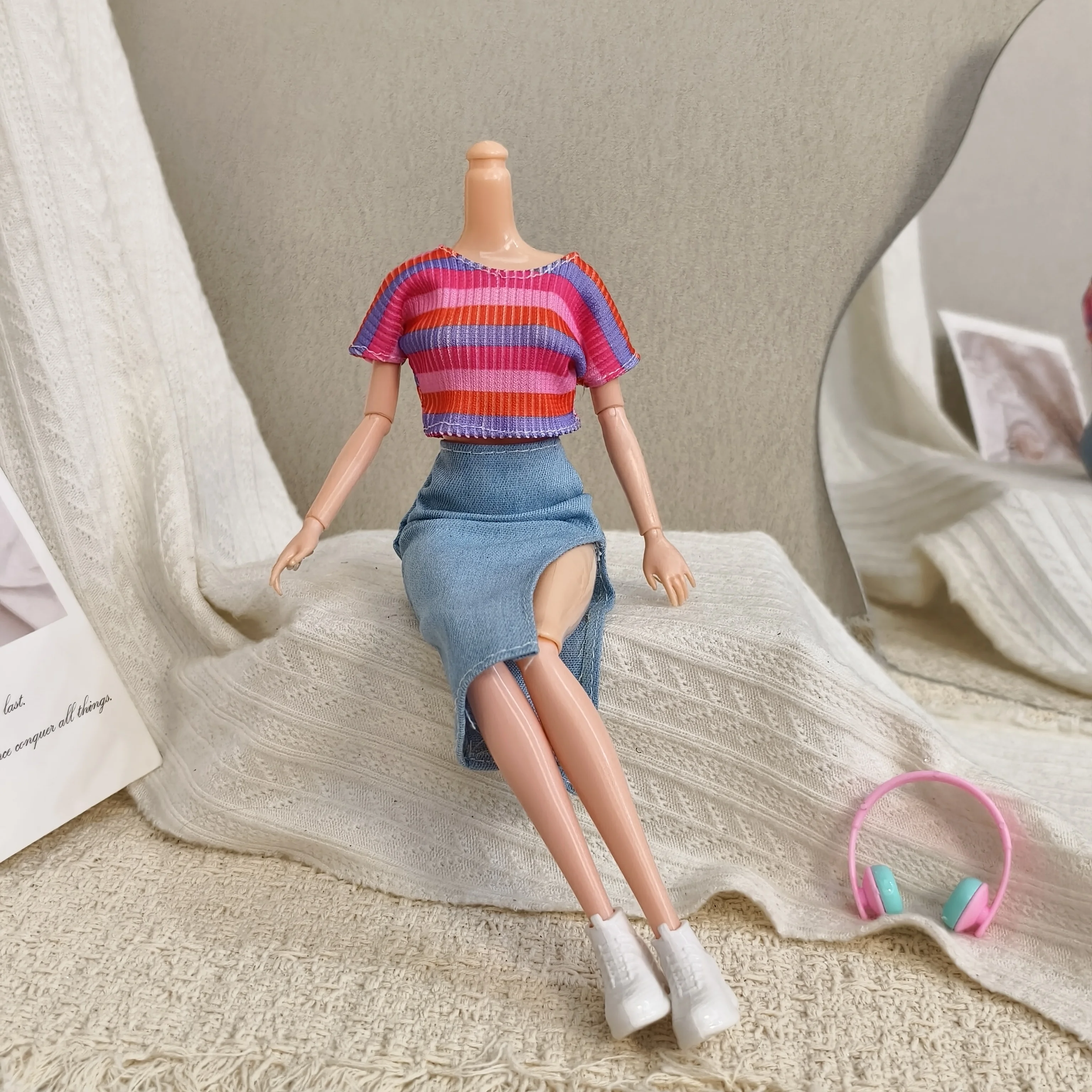 Fashion Daily Casual Striped T-shirt+Half Skirt+Trousers+Shoes Set For 1/6 Babi Supermodel Doll Dress Up 30cm Doll Clothes Parts