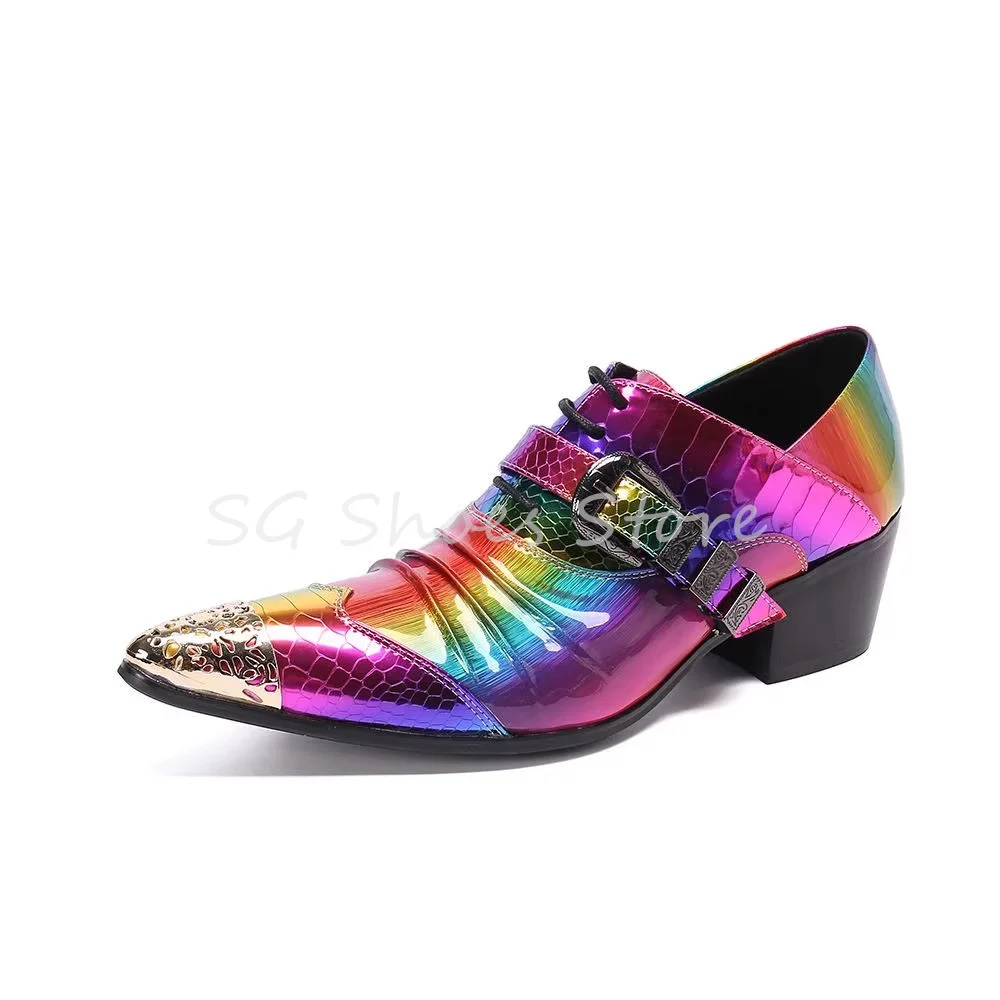 Fashion Rainbow Leather Shoes for Men Business Dress Loafers Metal Pointed Toe Belt Buckle Decor Derby Shoes Male Leisure Shoes