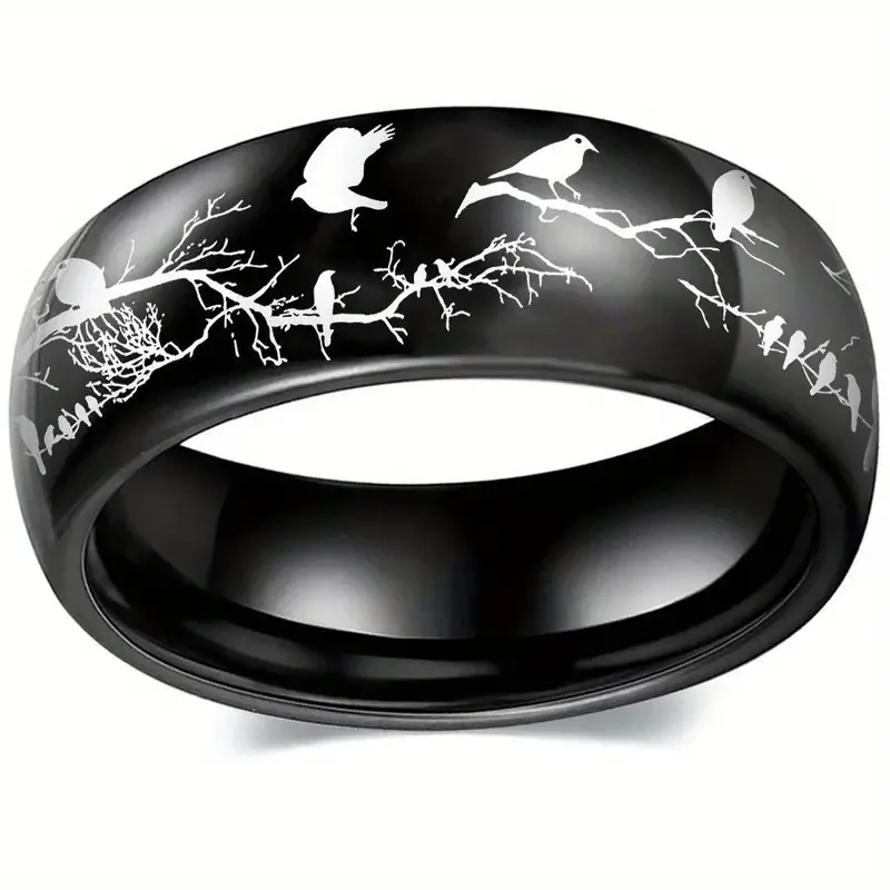 Creative Bird And Branch Pattern Stainles Steel Rings For Men Woman Black Polished Men Ring Wedding Engagement Jewelry Gifts