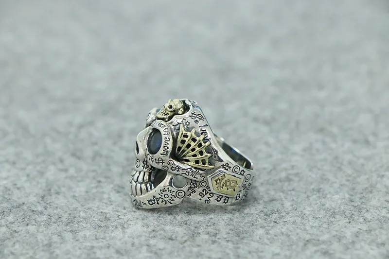 Skull Head Hip Hop Inn Fashion Nightclub Exaggerates 925 Sterling Silver Ring Fashion Retro Open Rock Graffiti Ring