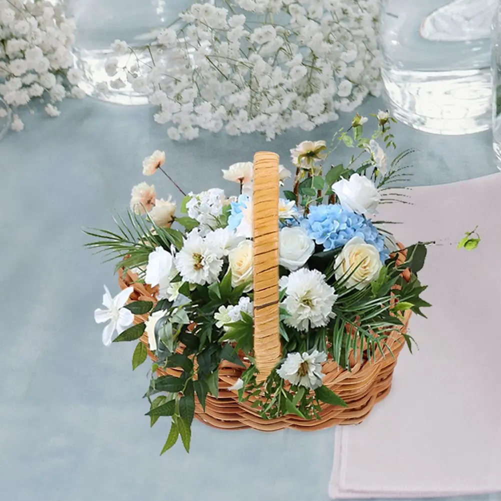 2Pcs Mini Rattan Flower Baskets Woven Handle Tiny Basket Small Picnic Decor Rustic Home Wedding Garden Desk Restaurant Storage