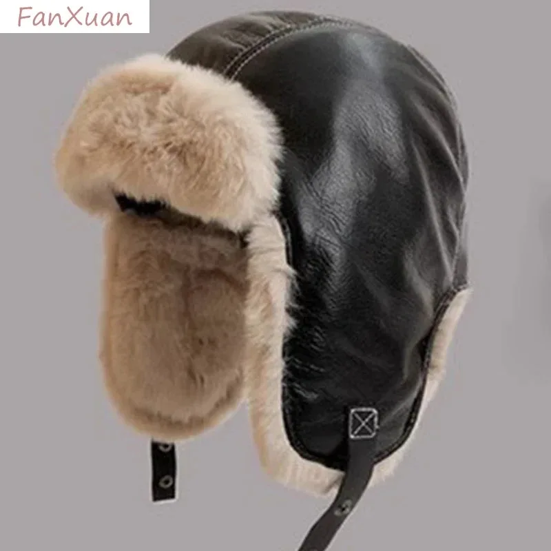 Winter Men Women\'s Pilot Aviator Bomber Trapper Hat Faux Fur Soft Leather Snow Cap with Ear Flaps Windproof Lei Feng Hat