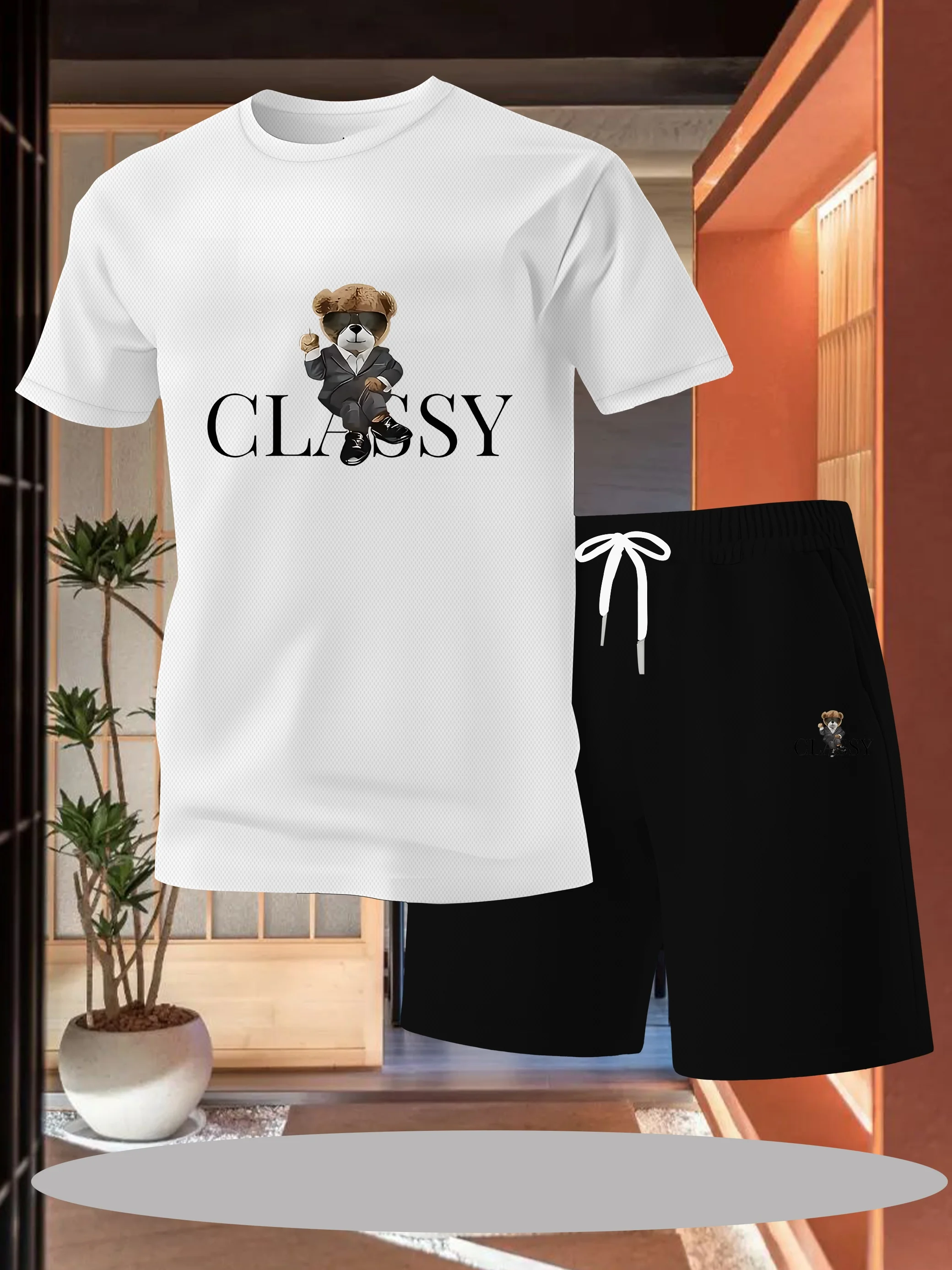 

Summer men's round neck printed vacation T-shirt and shorts casual daily set