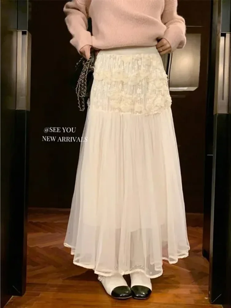 Falda larga de malla con flores en 3d para mujer, faldas de playa acampanadas de cintura alta para primavera y verano, falda de diseño dulce coreano 2025