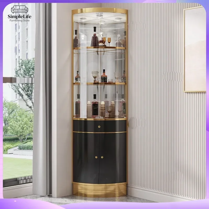 Light Luxury Stainless Steel Titanium Mirror Wine Cabinet for Home Living Room Corner Floor Triangle Fan Shaped Storage