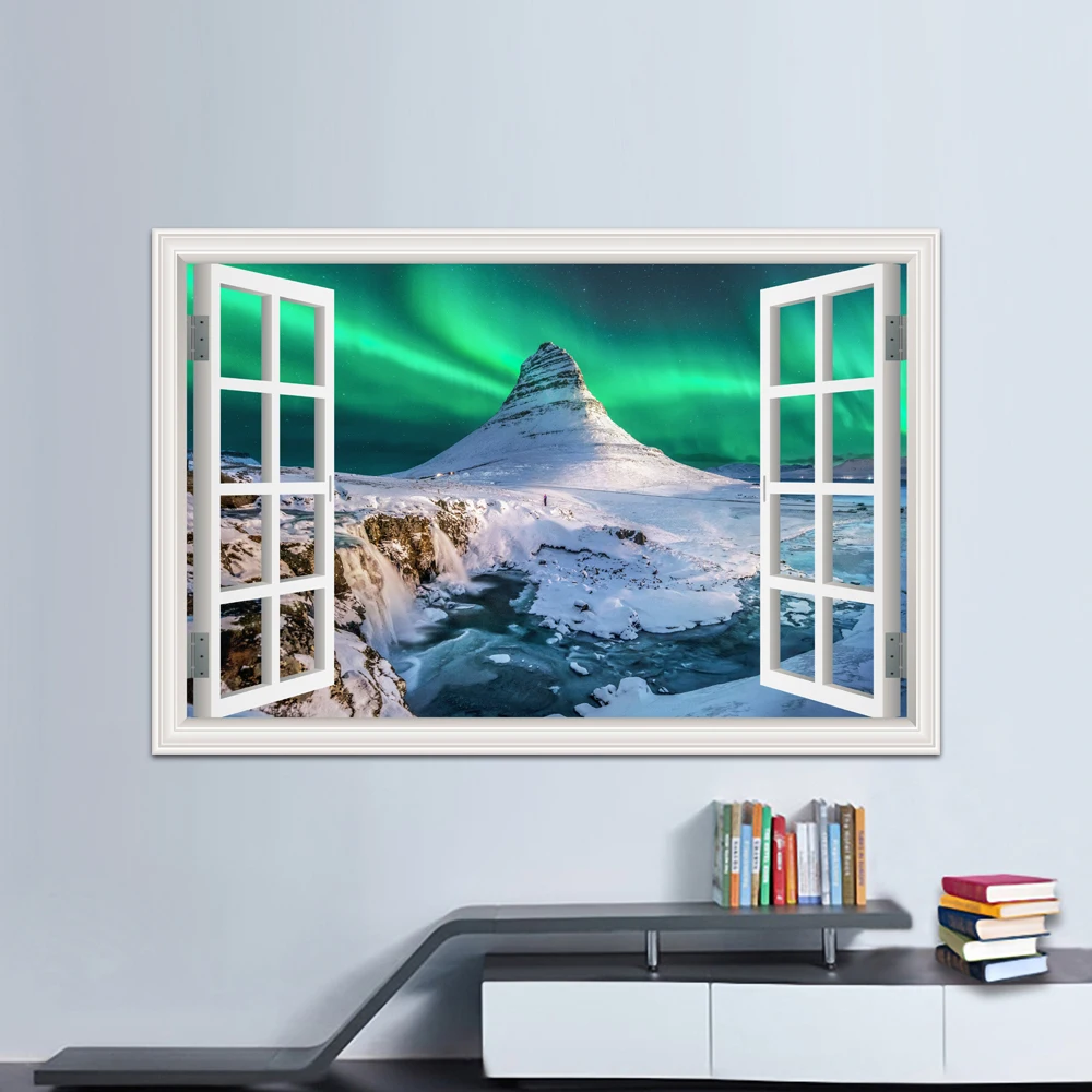 Beautiful Aurora And Snow Picture Stickers, Vinyl Mural Wallpaper, 3d Window Views, Wall Stickers, Bedroom Decorations