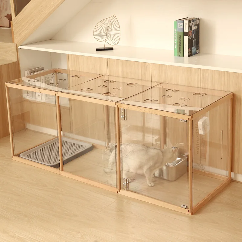 Modular Pet Fence Wood Acrylic Dog Fence Transparent Indoor Cat Activity Enclosure Breathable Top Cover Dogs Playpen House