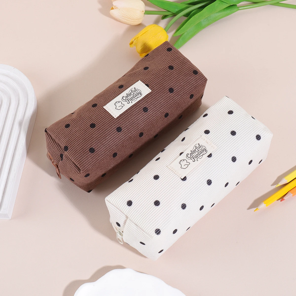 Cute Polka Dot Pencil Case for School & Office Zipper Pouch Organizer with Pens, Pencils, Makeup Brushes, Gift for Students & Wo