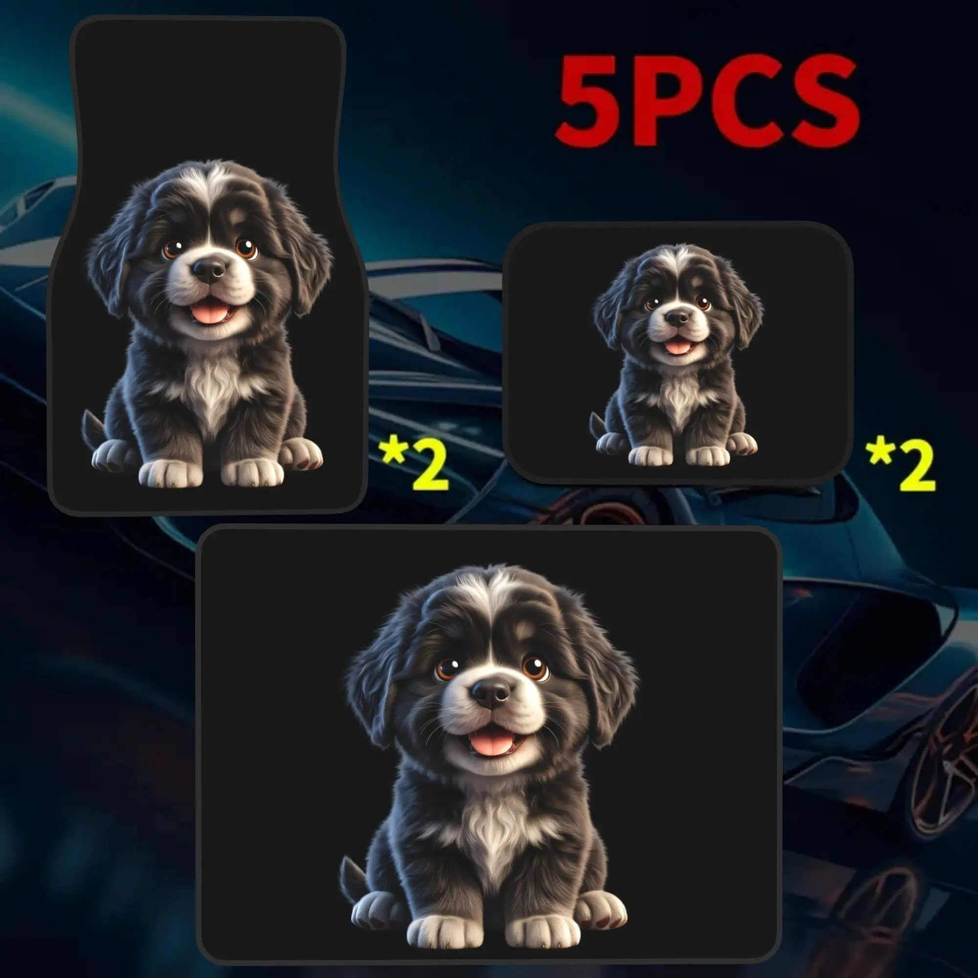 2D Flat 5pcs Gray And White Fluffy Dog 4 Car Floor Mats And 1 Car Trunk Mat Set, Stylish Vehicle Additions, Perfect Gift For Hal