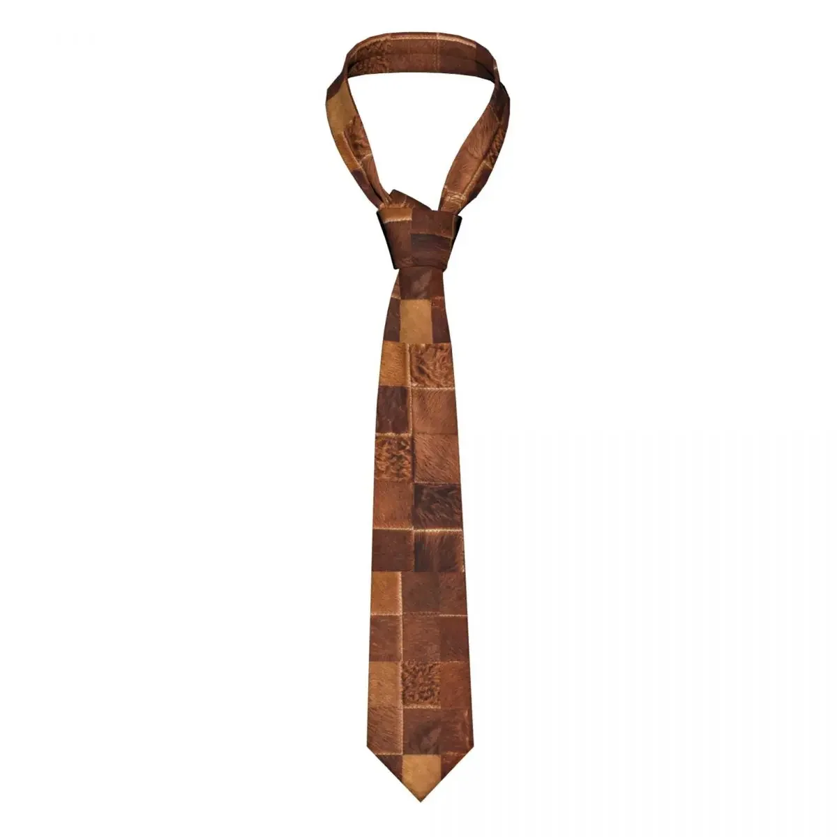 Brown Checkered Cowhide Patches Neckties 8 cm Animal Fur Leather Texture Neck Ties for Men Skinny Suits Accessories Cravat Gift