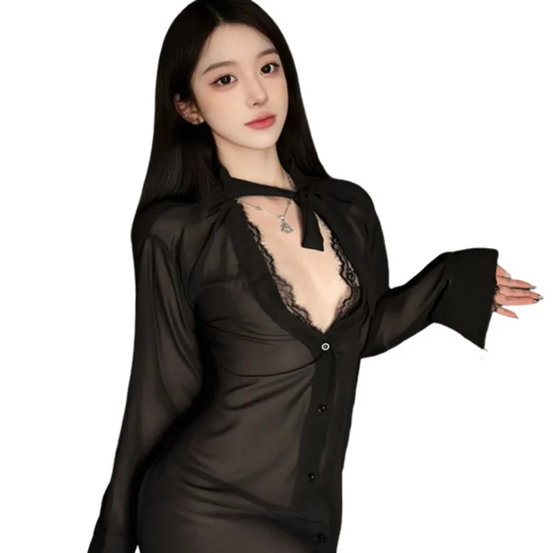 

Sexy Lace Transparent Outfit Clothing Pure Desire Style Sleepwear Solid Color Dress Casual Elegant Long Sleeved Dress 5RAW