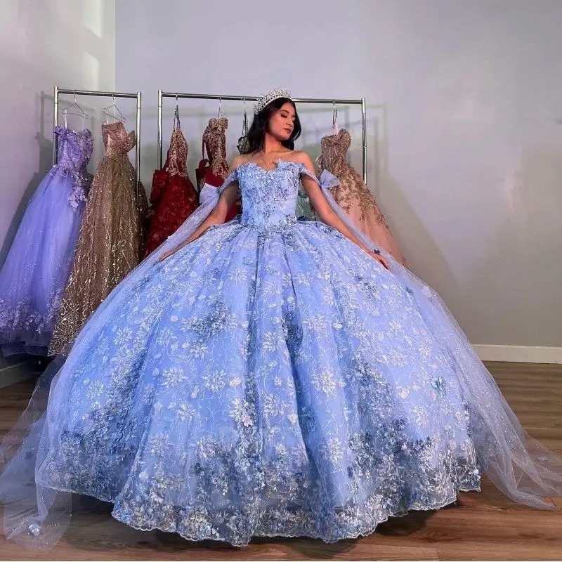 

Голубое Бальное Платье Lorencia, платье Quinceanera с открытыми плечами, 3D Цветочная аппликация, женское платье для XV лет YQD331