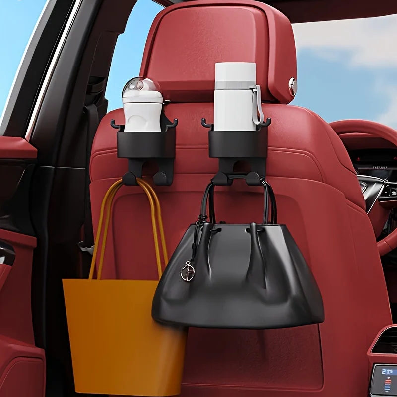 خطافات مسند رأس لمقعد السيارة متعددة الوظائف - عبوتان من حوامل أكواب المقعد الخلفي للمركبة باللون الأسود مع حامل هاتف وخطافات تخزين للحقائب #1