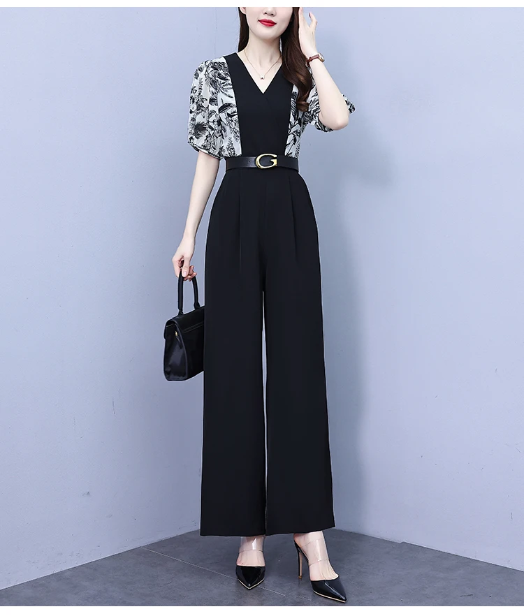 Real Photo 2025 Summer New Printed Chiffon Spliced Wide Leg Jumpsuit Slim Fit Bandage High Waist Jumpsuits Female