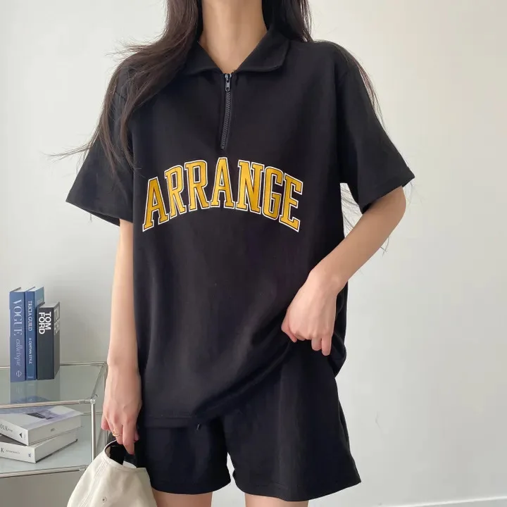 

Women Summer Tracksuit Loose Fit 2 Piece Sets Tshirt And Shorts Set Stylish Letter Print Zipper Pockets Suit Comfort Outfits