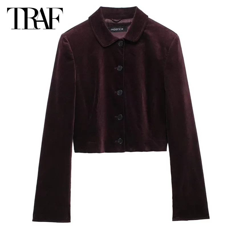 TRAF Cropped Velvet Jacket Women\'s Jacket Autumn Winter Coats Woman 2024 Burgundy Jacket Outerwear Lady Fashion Long Sleeve Coat