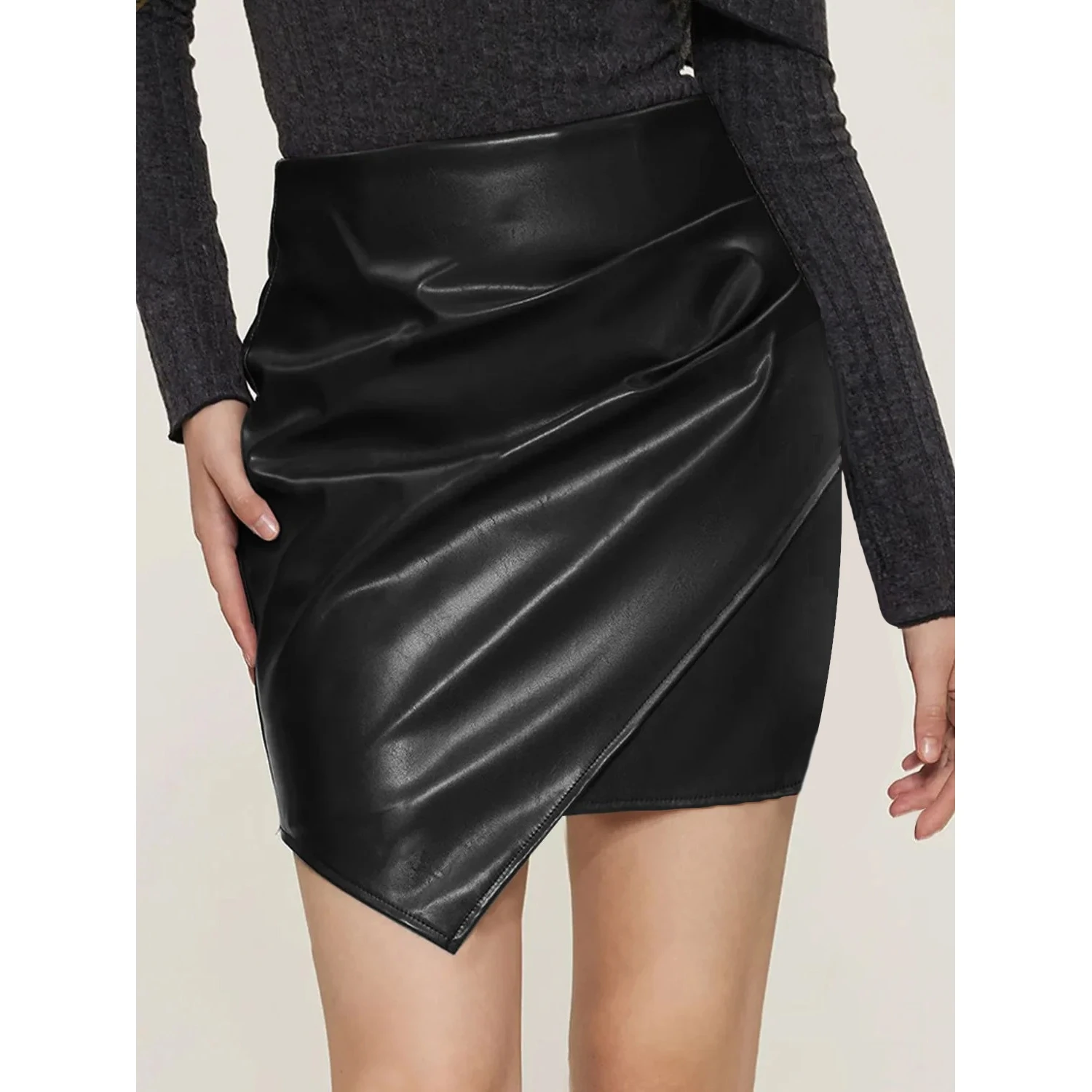 Women's A-Line Asymmetrical Waist-Cinching PU Leather Skirt Elegant Style Cross-Border Fashion Spring/Summer Collection