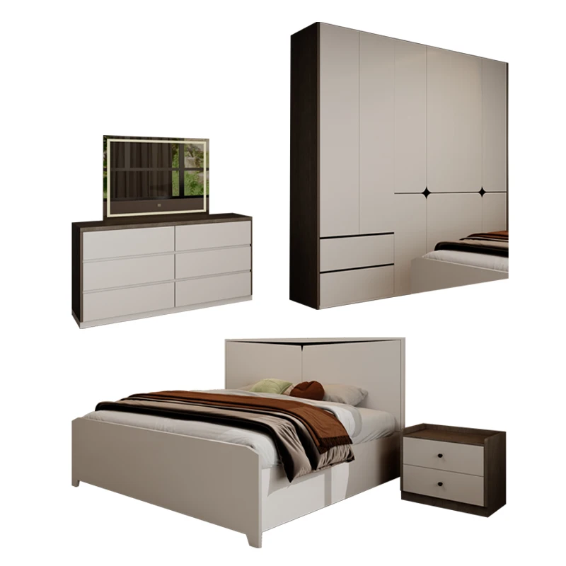 &Istanbul Minimalist Hotel Bedroom Sets Double Bed Room Modern Simple Wooden Frame King Size MDF Complete Bedroom Furniture Set