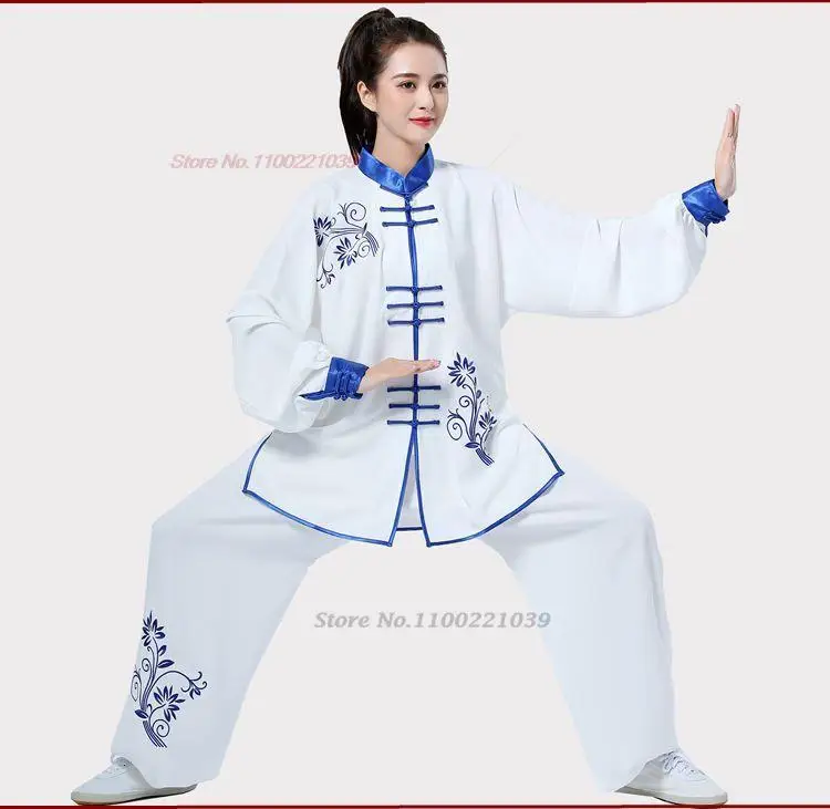 2024 chinesische Kung Fu Tai Chi Kleidung Kampfkunst traditionelle Taijiquan Praxis Wushu Anzug Blumenstickerei Tops + Hosen Set