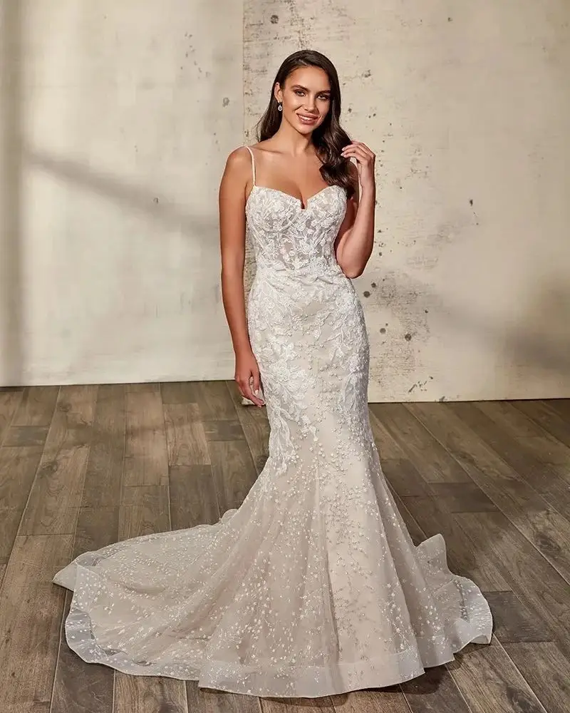 

Romantic Ivory Mermaid Wedding Dresses Luxury Lace Appliques Sleeveless Bridal Gowns Sweep Train Customized Vestidos De Mariee