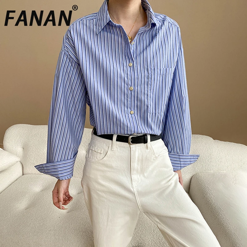 

FANAN Office Lady Striped Contrast Color Shirts For Women Lapel Single Breasted Temperament Fit Blouses Female 2025 Autumn New