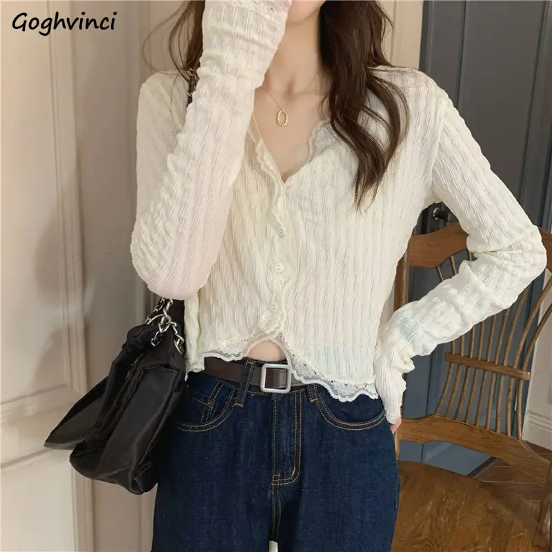 Shirts Women V-neck Lace Crop Top Slim Solid Sweet Sexy Spring New Elegant Chic Ins Casual Basic All-match College Young Ulzzang