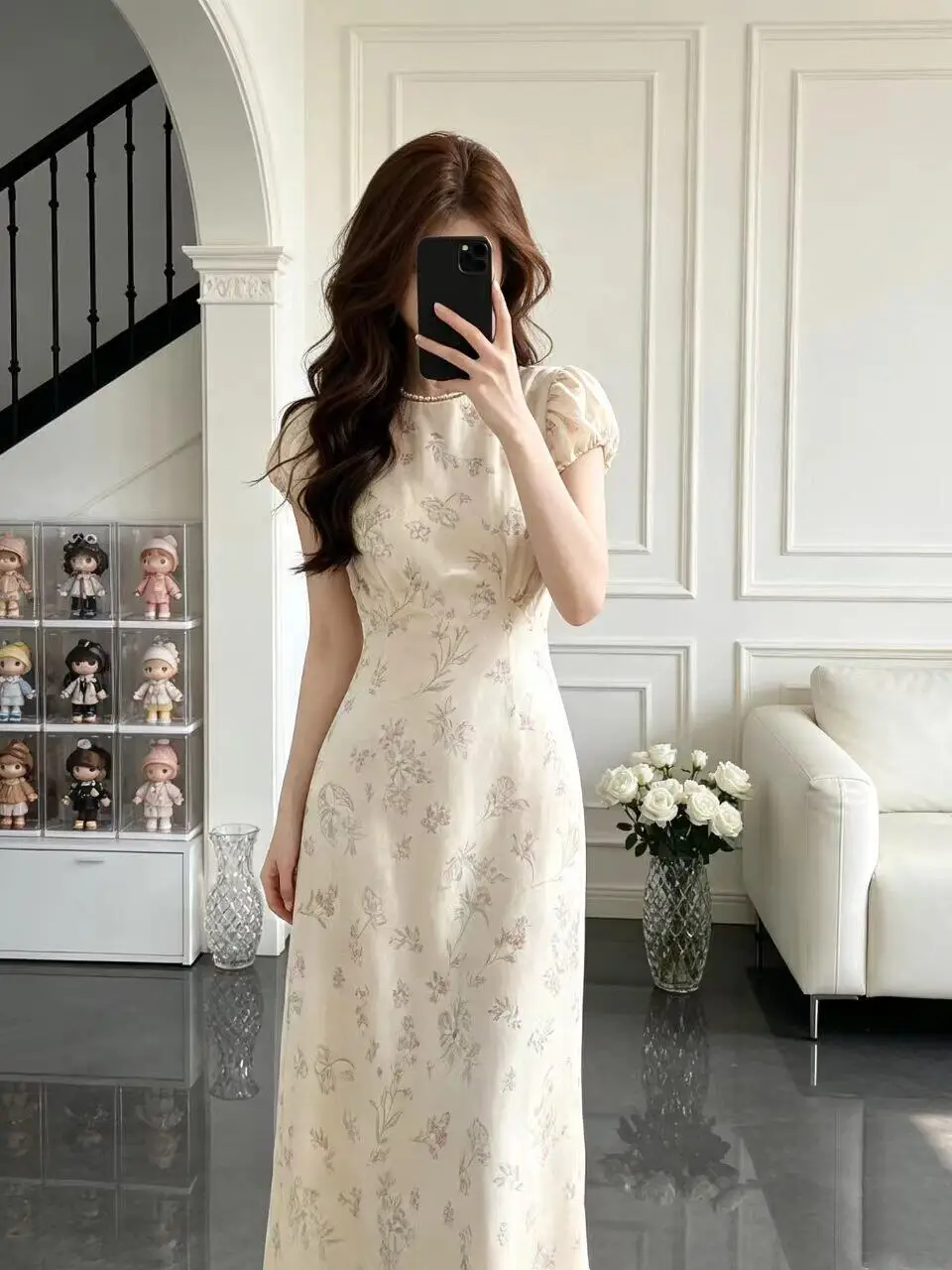 

Gentle Breeze Floral Print Women's Dress Slimming Waist Bubble Sleeve Long Tail Fish Tailed Skirt Short Sleeve Body Shaping