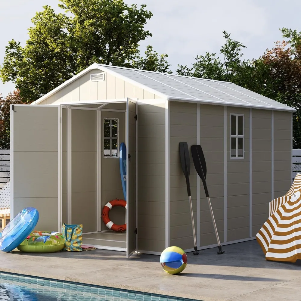 Outdoor Storage Shed 8 x 10 FT, Resin Garden Sheds Plastic Patio Outdoor Storage with Lockable Door for Tool, Garbage Sandstone