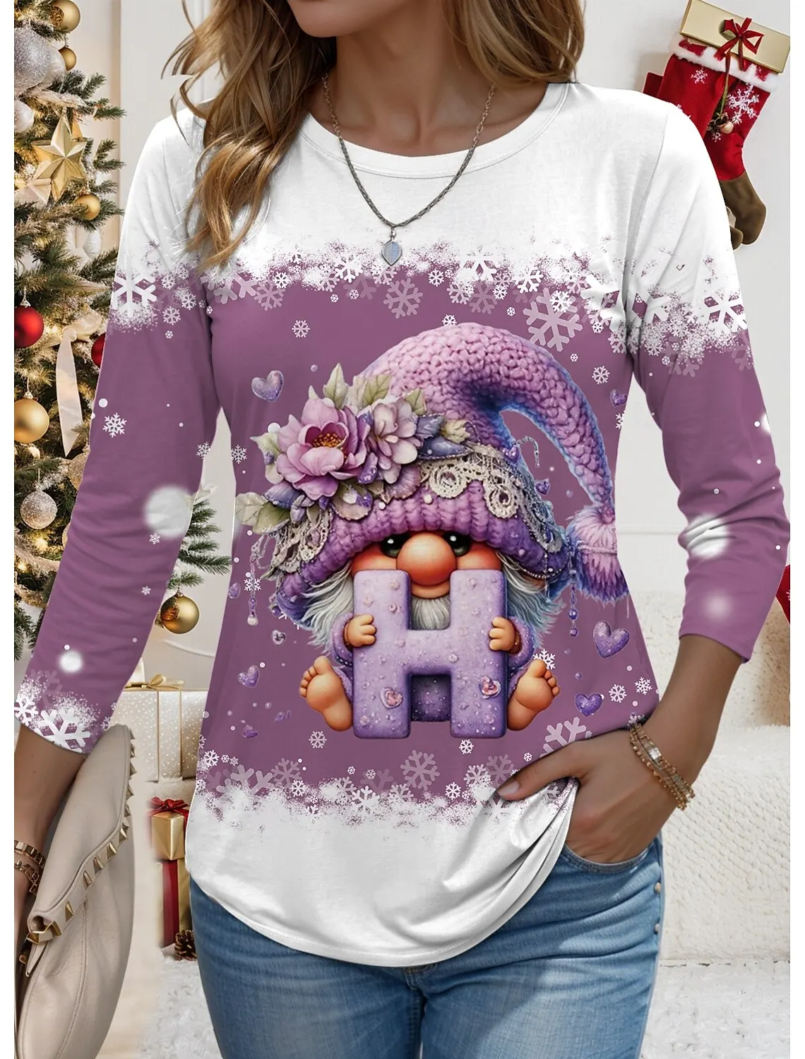 Women's Sweatshirt 3D Prints Christmas Theme Kawaii Graphics long sleeve T-shirt Casual Loose Fit O-Neck Tee Long Sleeve Tops