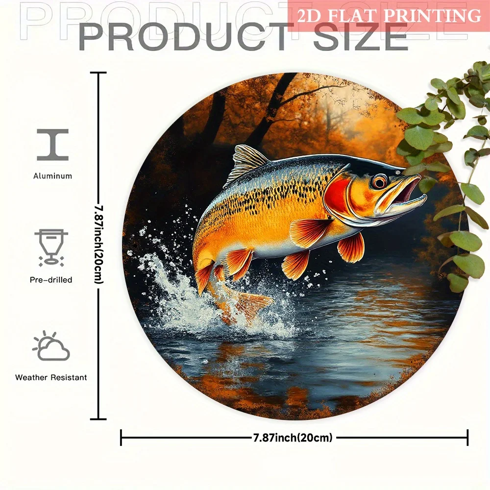 2D Aluminum Metal Sign Featuring a Leaping Trout, Measuring 19.99 Cm in Diameter, Perfect for Vintage Wall Decor in Homes