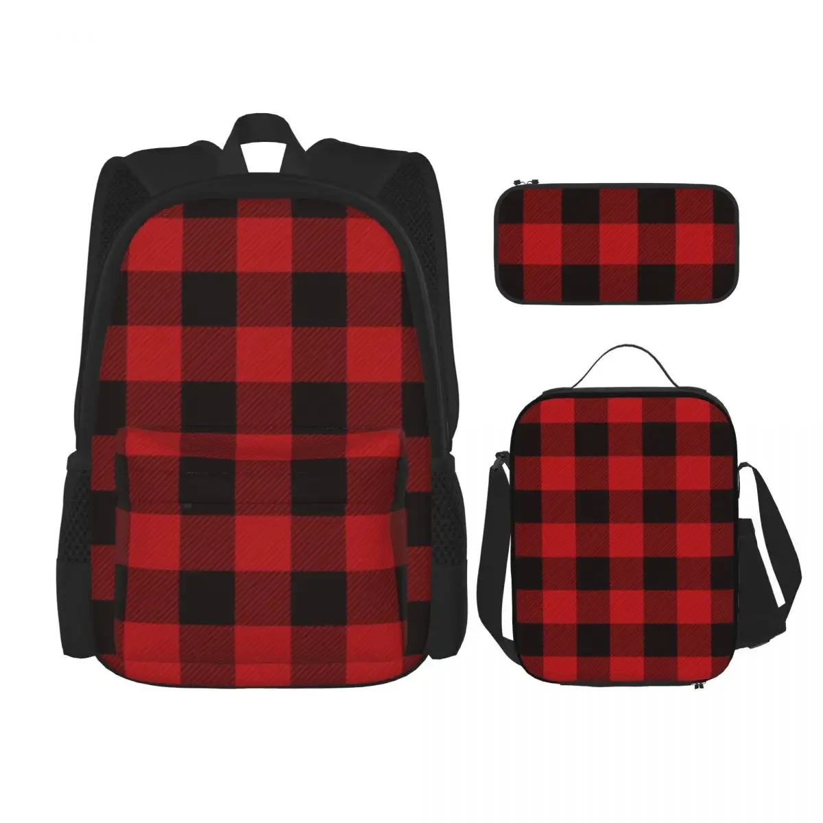 Country Christmas Cottage Primitive Lumberjack Buffalo Plaid Backpacks Bookbag School Bags Kid Lunch Bag Pen Bag Three-Piece Set