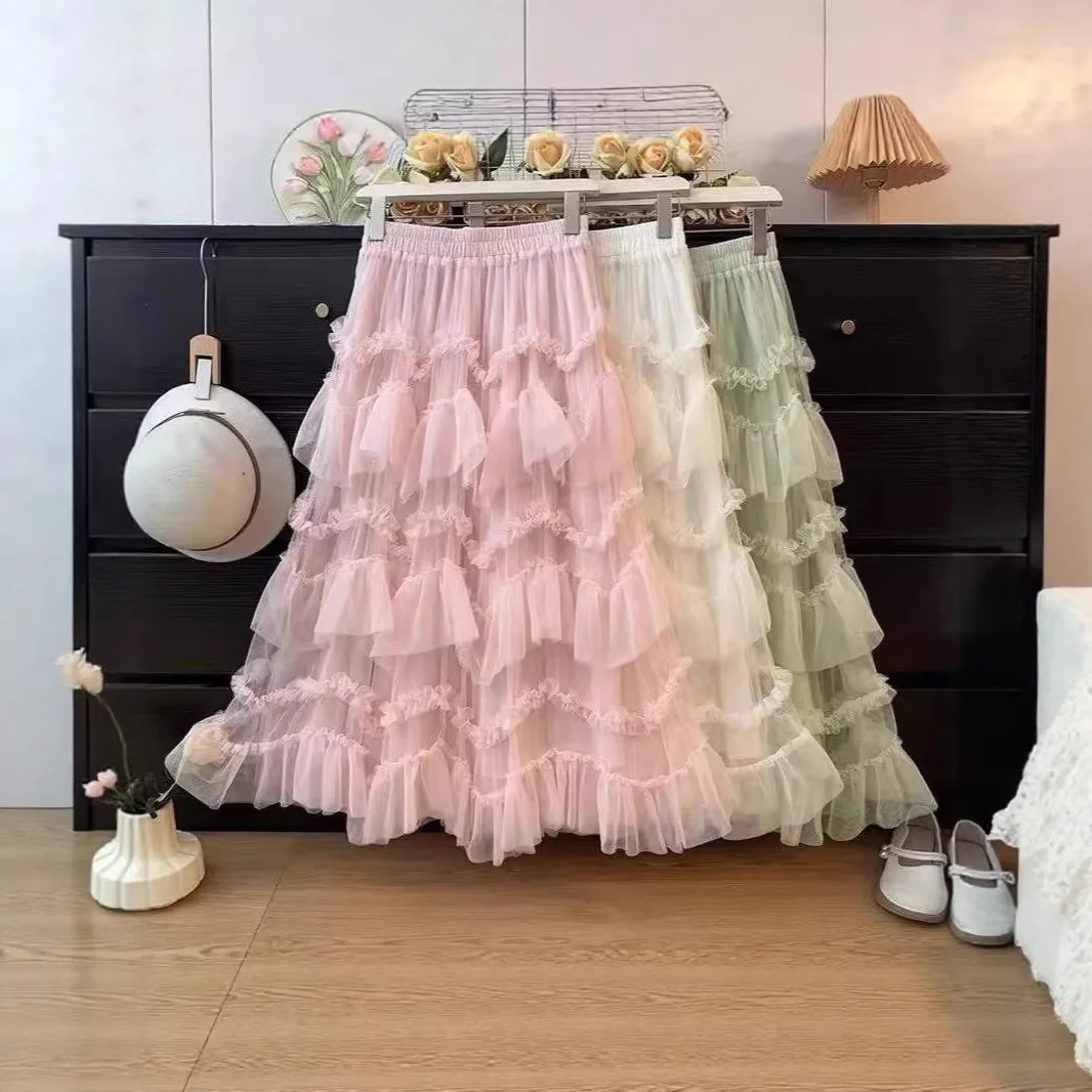 Ruffled Multi-layered Mesh Fluffy Cake Skirt for Women in Early Spring High-waisted Slim A-line Loose Skirt with Wide Hem