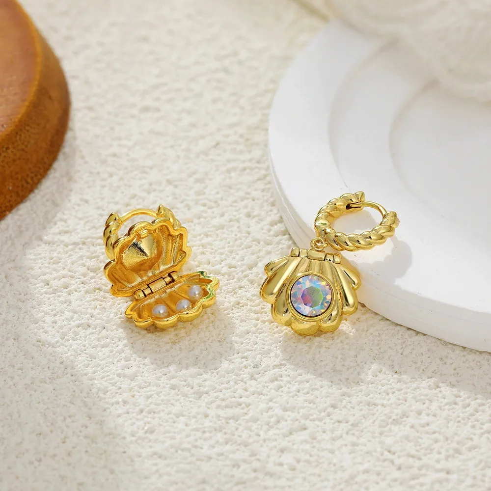 Trend Small Twist Round Huggie Hoop Earrings Stainless Steel Zircon Openable Scallop Shell Ear Drop Back-to-school Gift Jewelry