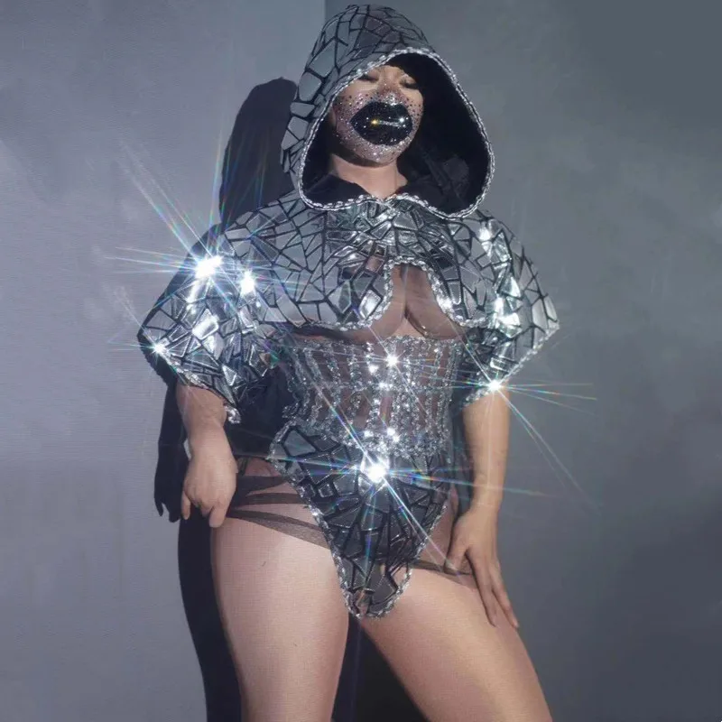 

Silver Black Sequin Hooded Tops Shorts Belt Outfit Lady DJ Singer Nightclub Bar Sexy Stage Wear Jazz Hip Hop Performance Costume