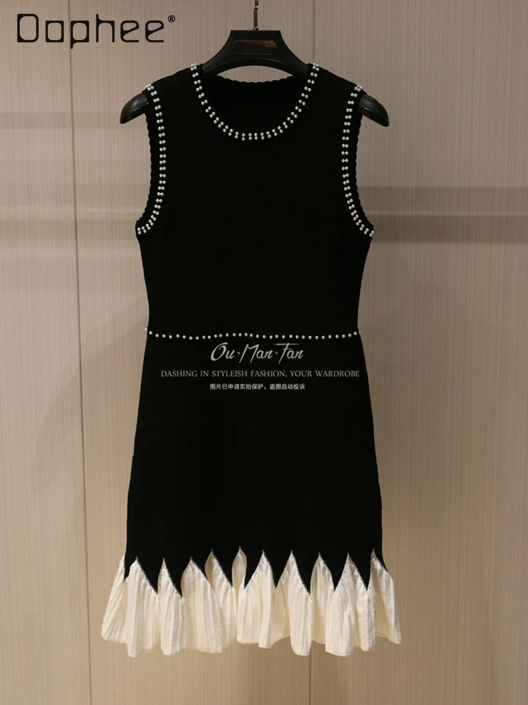 

French Temperament Socialite Beaded Contrasting Color Dress Women Sleeveless Slim Black Mini Dress Hepburn Style Evening Dresses