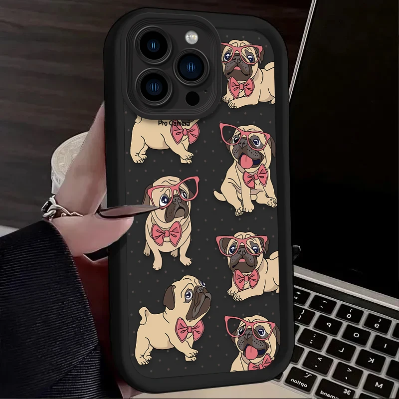 Cute Glasses Pug Dog Case For iPhone 16E 16 15 14 13 12 11 Pro Max X XS X S Max XR SE 2020 7 8 Plus Shockproof Silicone Funda view 4