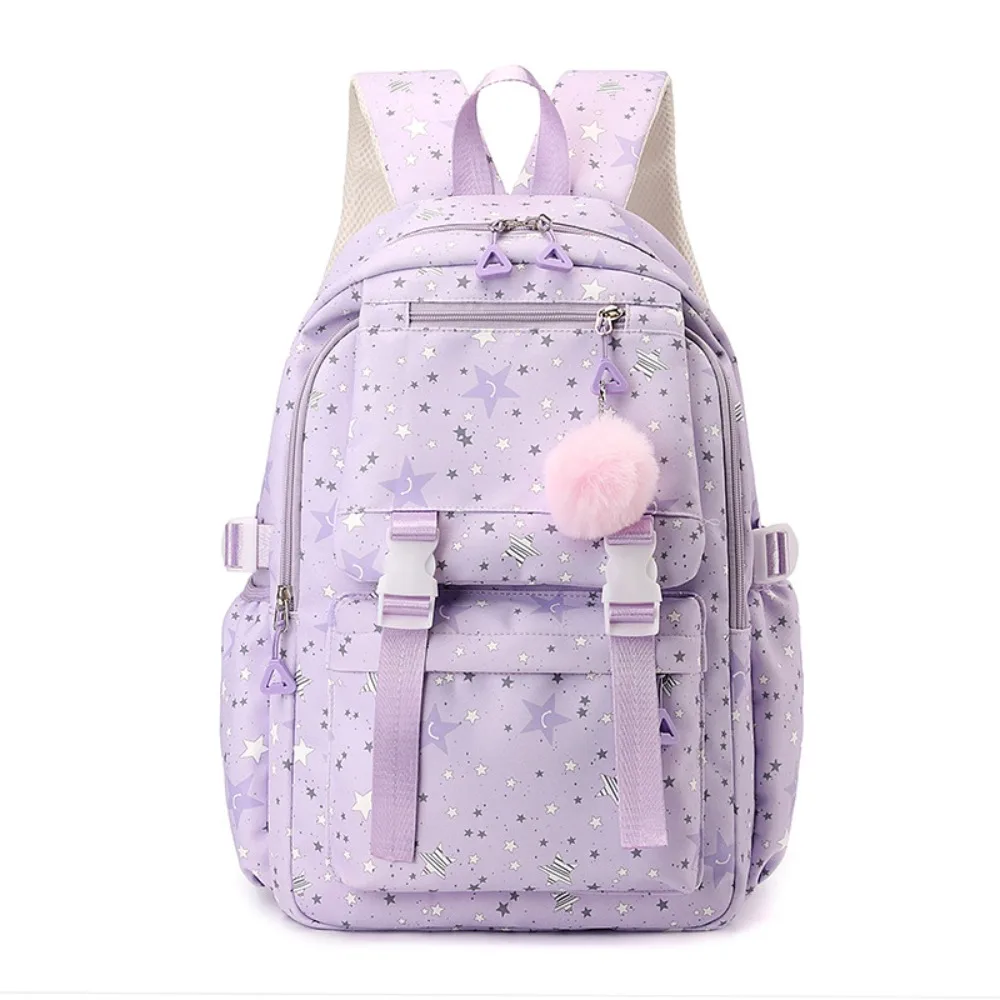 Cute Star Print School Backpack Large Capacity Adjustable Girls Schoolbag Splash-Resistant Multi-pockets Laptop Shoulders Bag